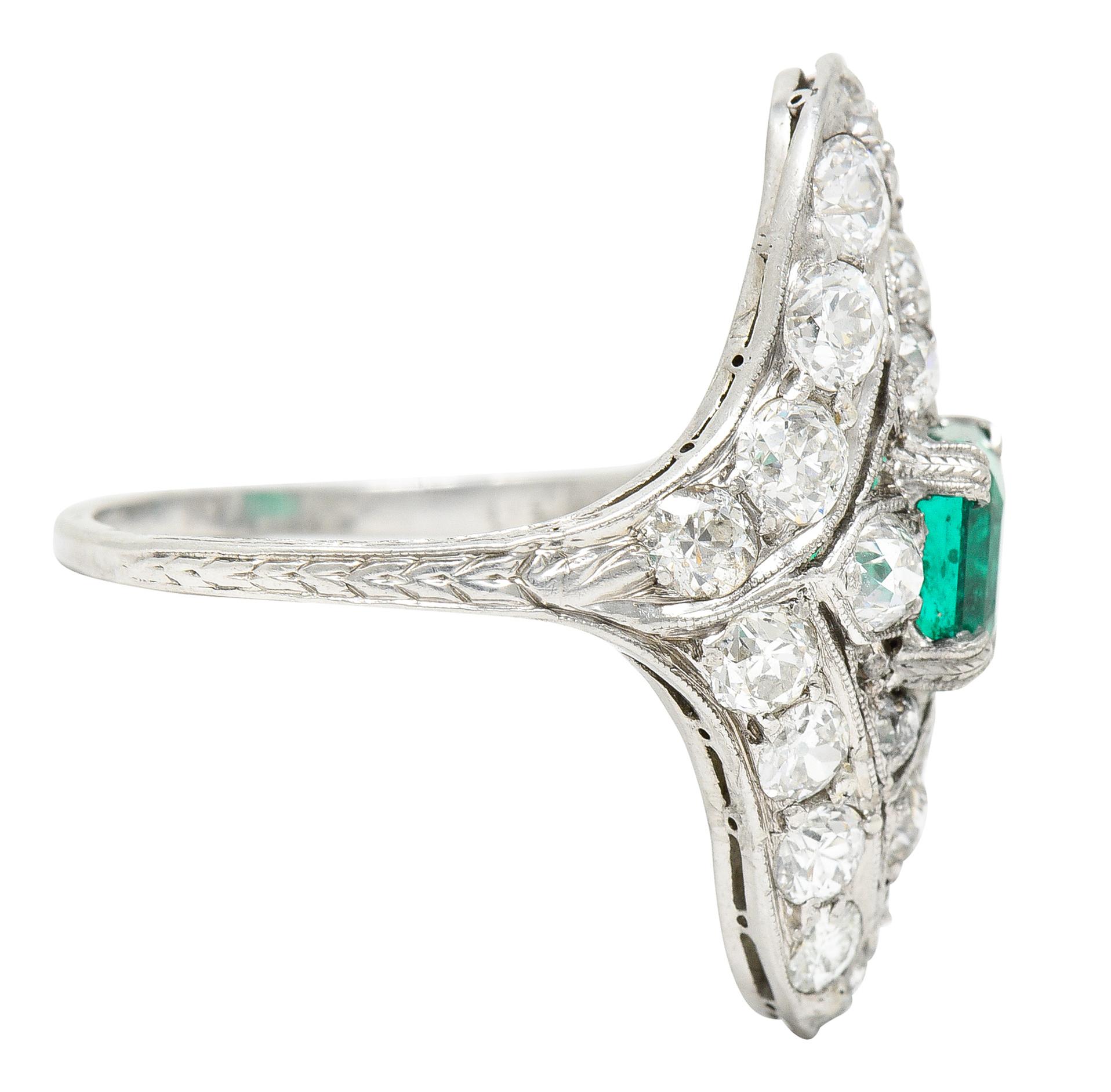 Art Deco 4.31 Ctw Emerald Old European Cut Diamond Platinum Navette Dinner Ring In Excellent Condition For Sale In Philadelphia, PA
