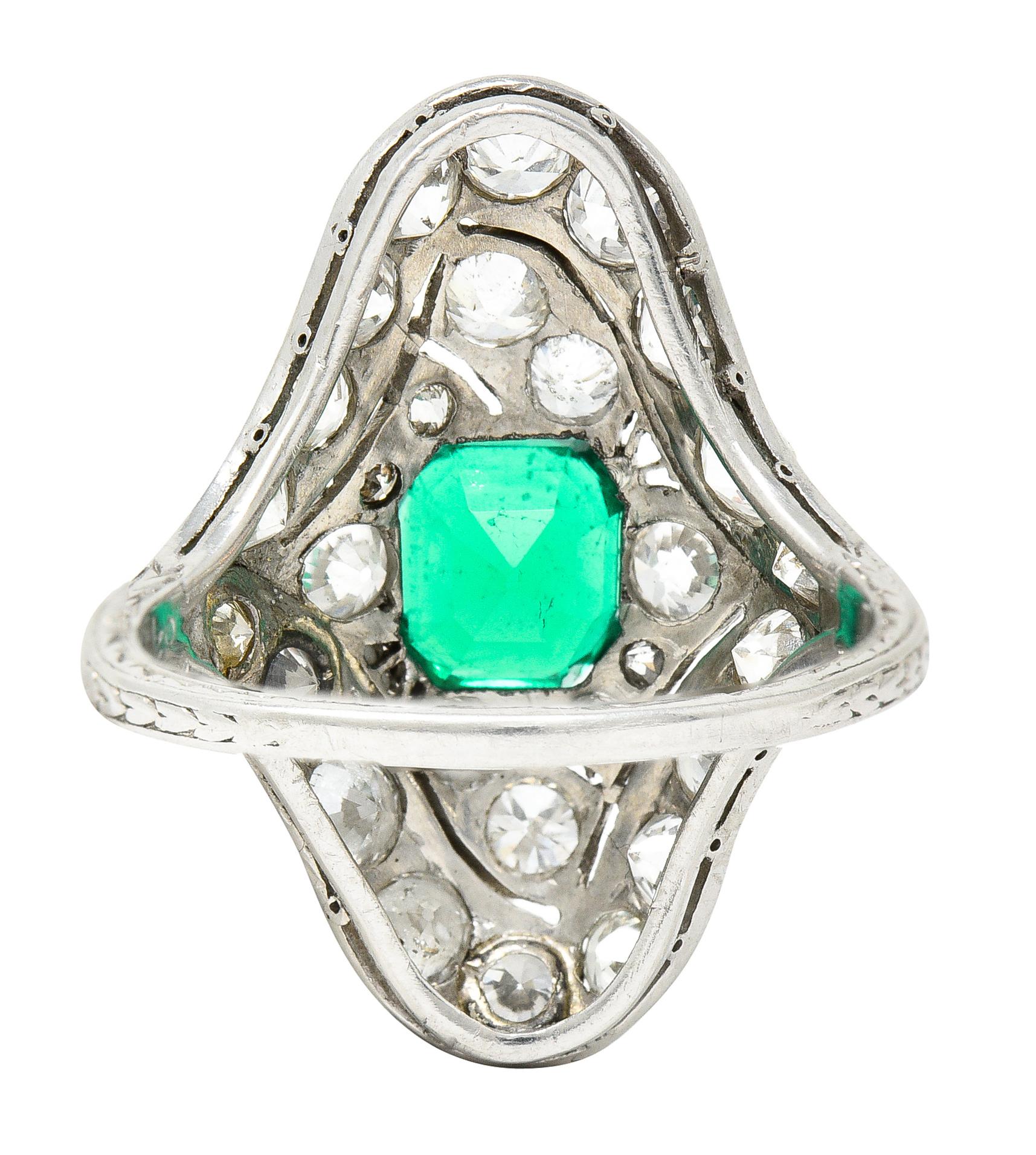Women's or Men's Art Deco 4.31 Ctw Emerald Old European Cut Diamond Platinum Navette Dinner Ring For Sale