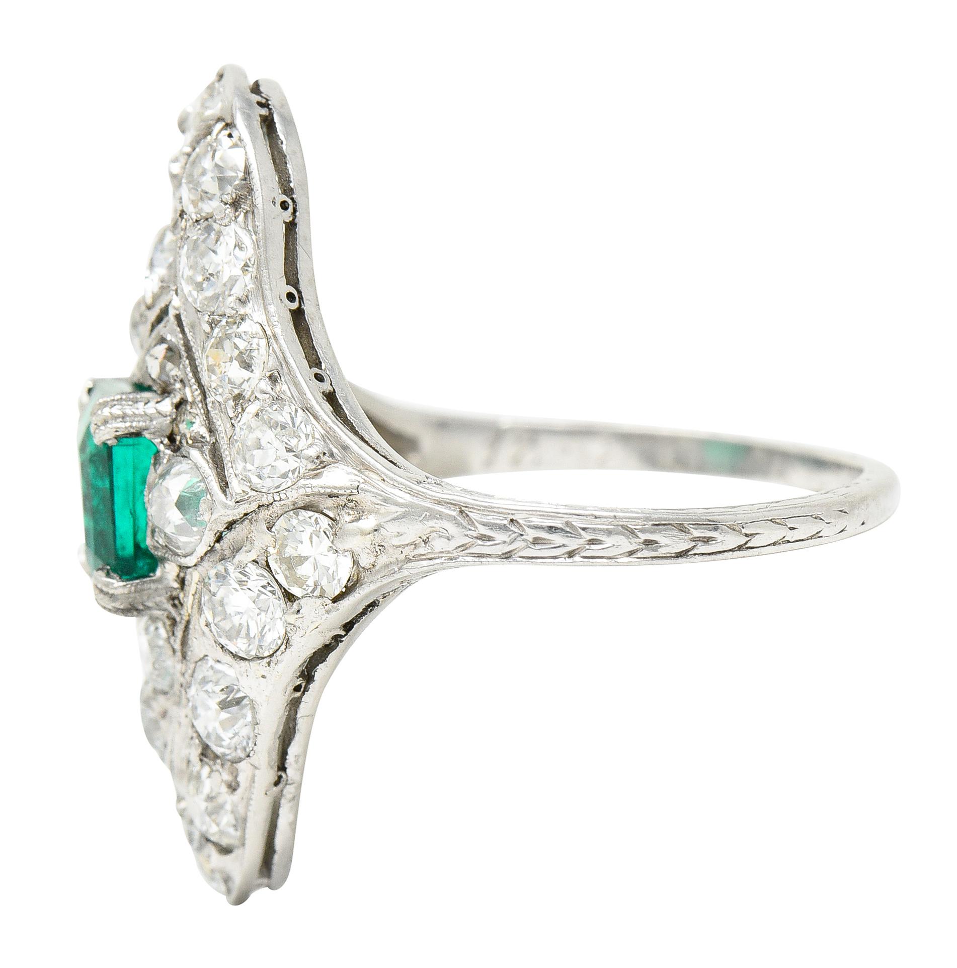 Art Deco 4.31 Ctw Emerald Old European Cut Diamond Platinum Navette Dinner Ring For Sale 1