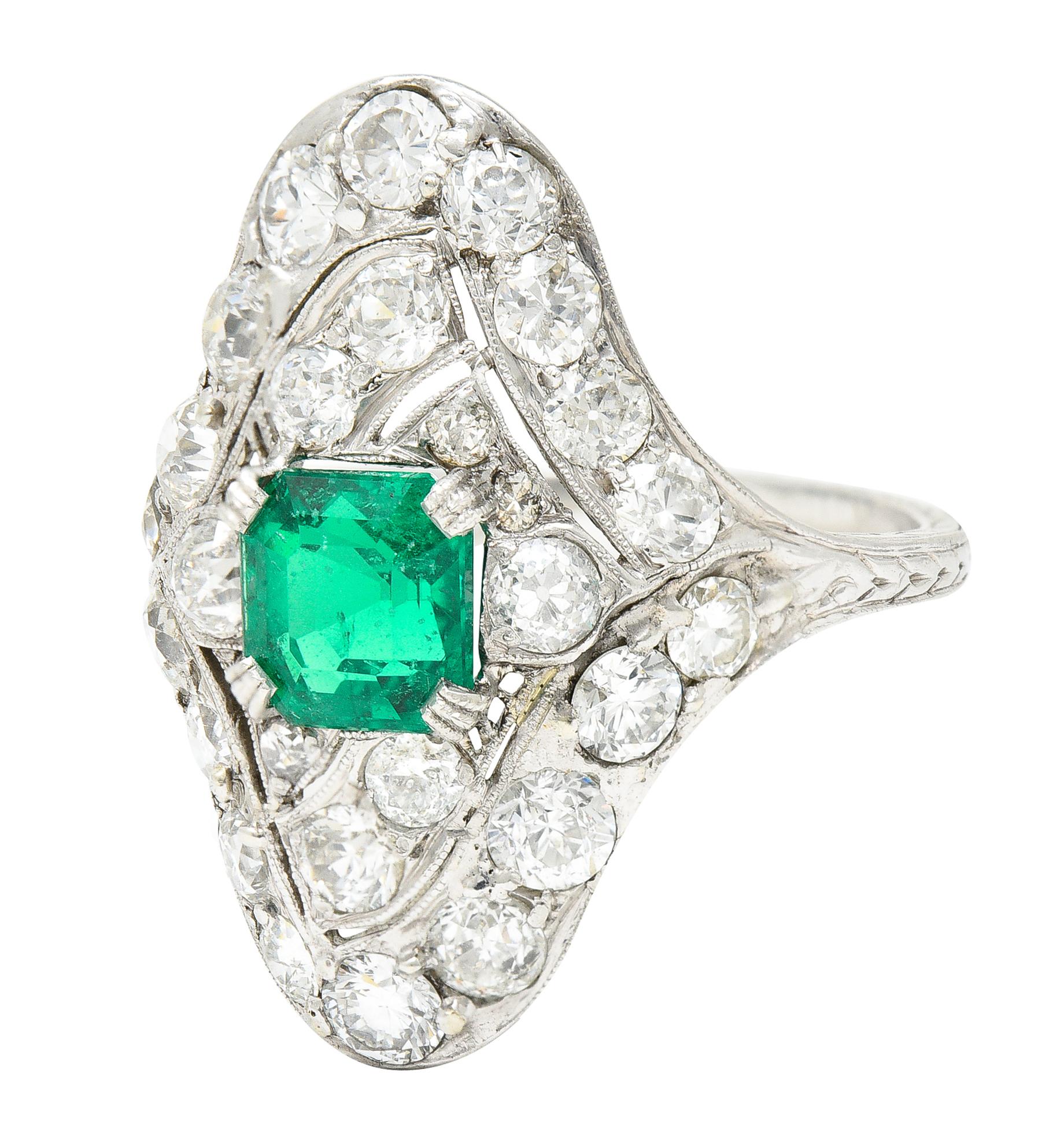 Art Deco 4.31 Ctw Emerald Old European Cut Diamond Platinum Navette Dinner Ring For Sale 2