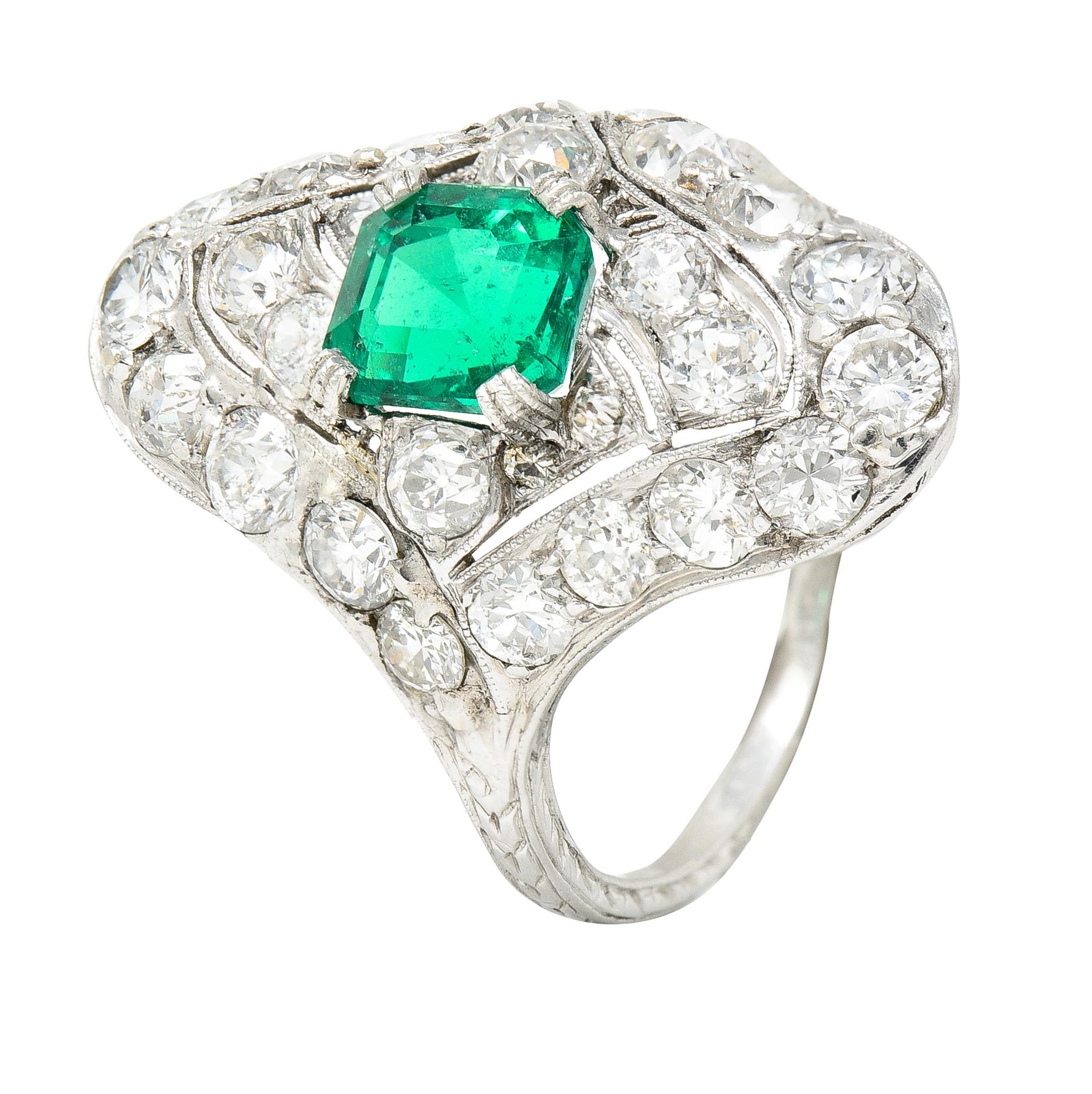 Art Deco 4.31 Ctw Emerald Old European Cut Diamond Platinum Navette Dinner Ring For Sale 4