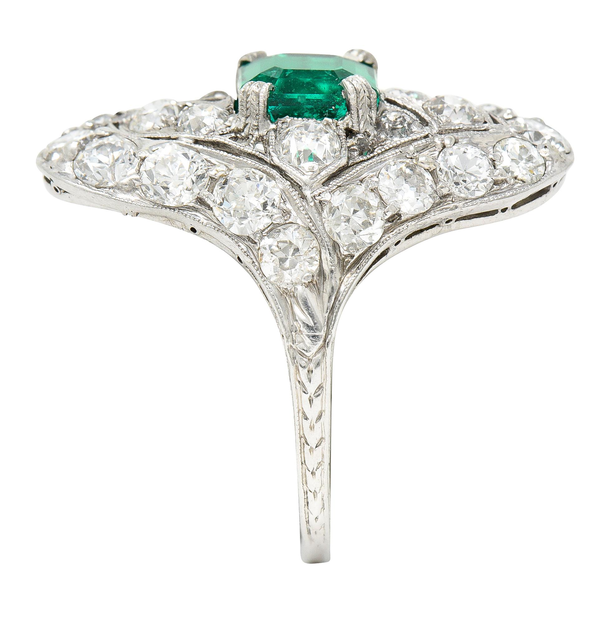 Art Deco 4.31 Ctw Emerald Old European Cut Diamond Platinum Navette Dinner Ring For Sale 5
