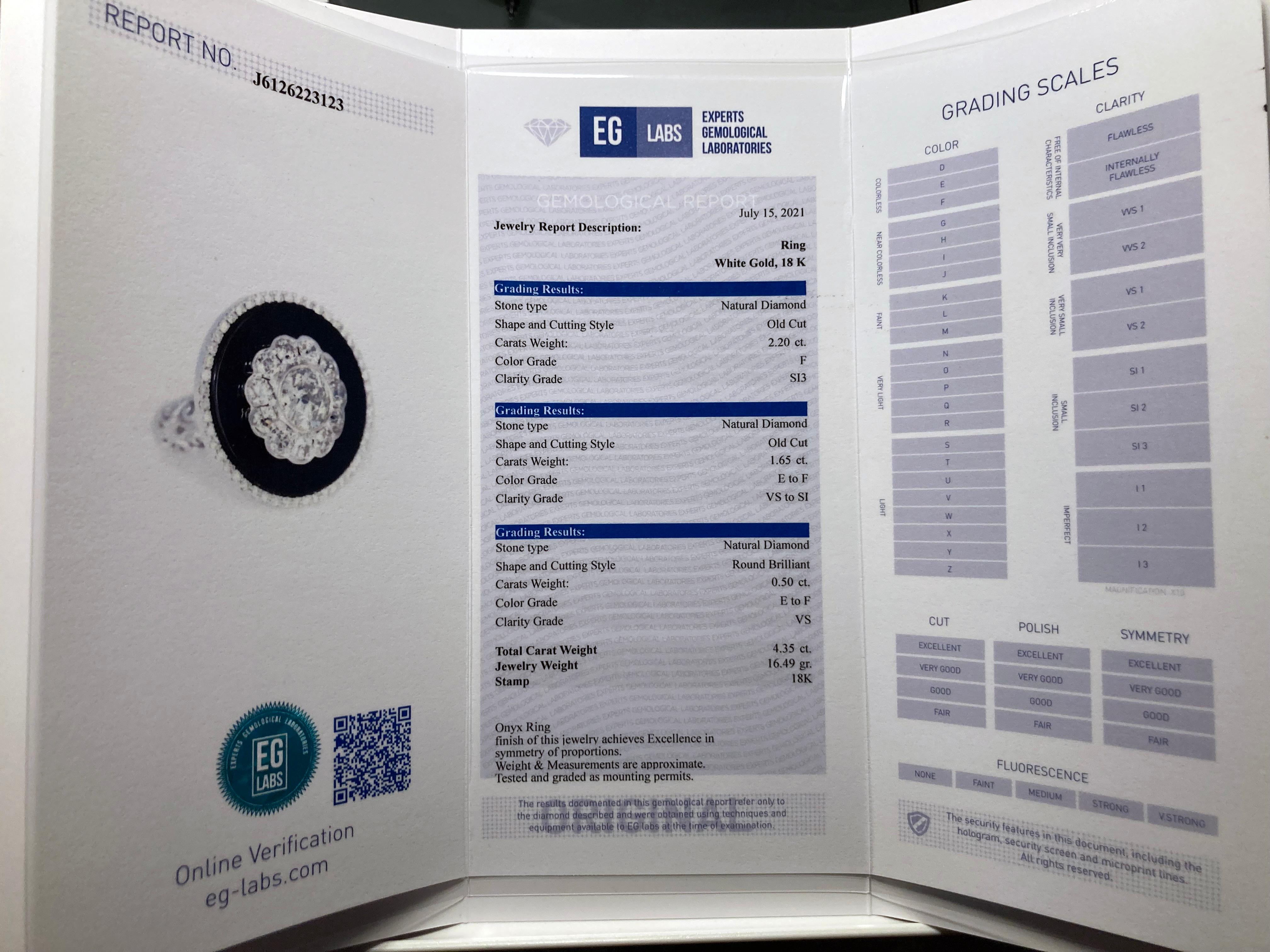 Anello Art Deco con diamanti e onice da 4,35 carati in oro bianco certificato, 1930 in vendita 3