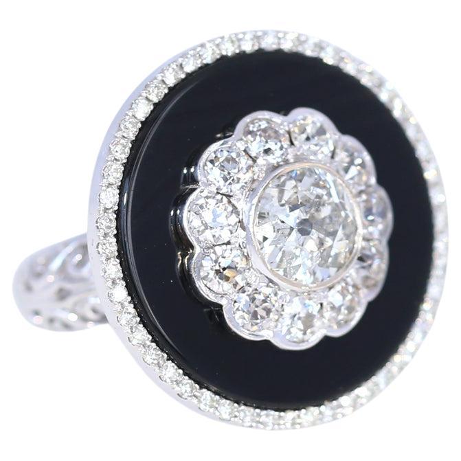 Anello Art Deco con diamanti e onice da 4,35 carati in oro bianco certificato, 1930
