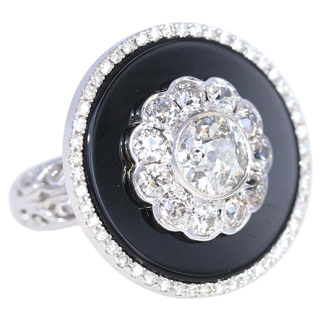 Art Deco 4.35 Ct Diamonds Onyx Ring White Gold Certified, 1930