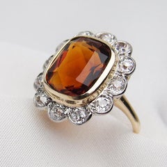 Art Deco 4.35 Cushion-Cut Natural Orange Citrine and Diamond Halo Ring