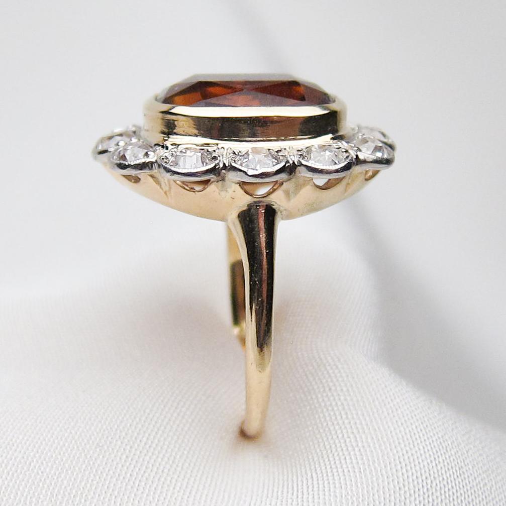 Art Deco 4.35 Cushion-Cut Natural Orange Citrine and Diamond Halo Ring In Excellent Condition In Seattle, WA