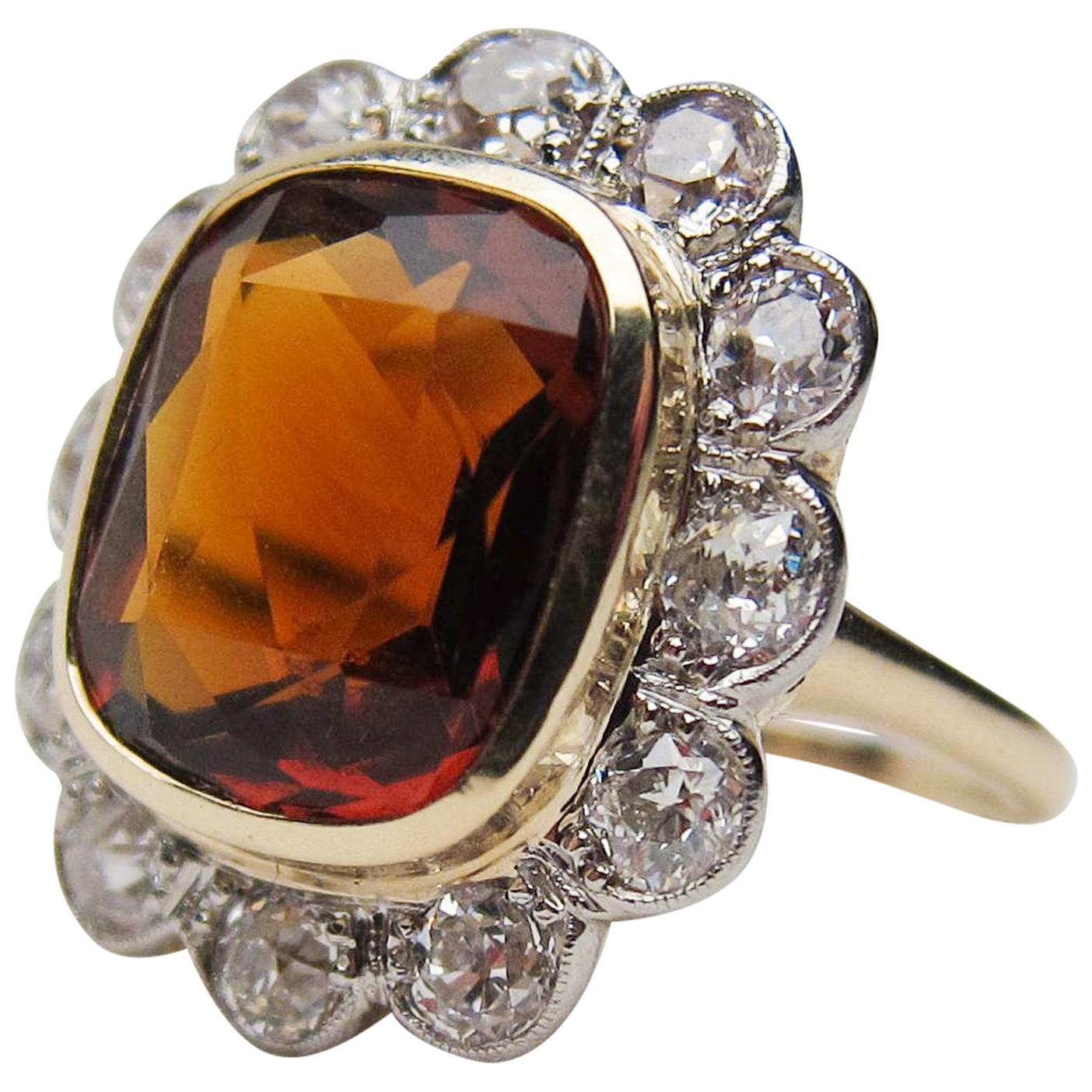 Art Deco 4.35 Cushion-Cut Natural Orange Citrine and Diamond Halo Ring