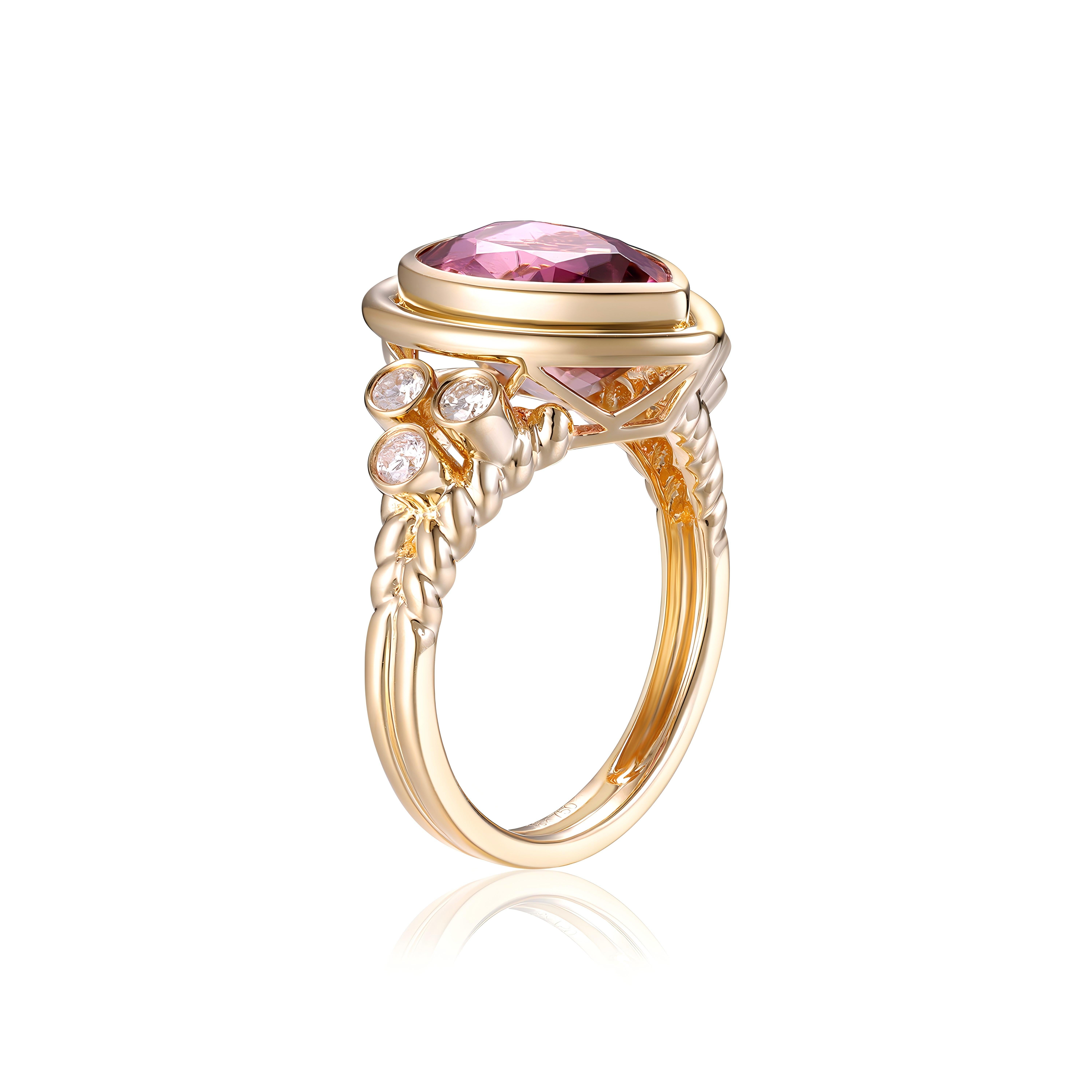 Bague Art déco en or jaune 18 carats avec tourmaline rose de 4,37 carats et diamants en vente 2