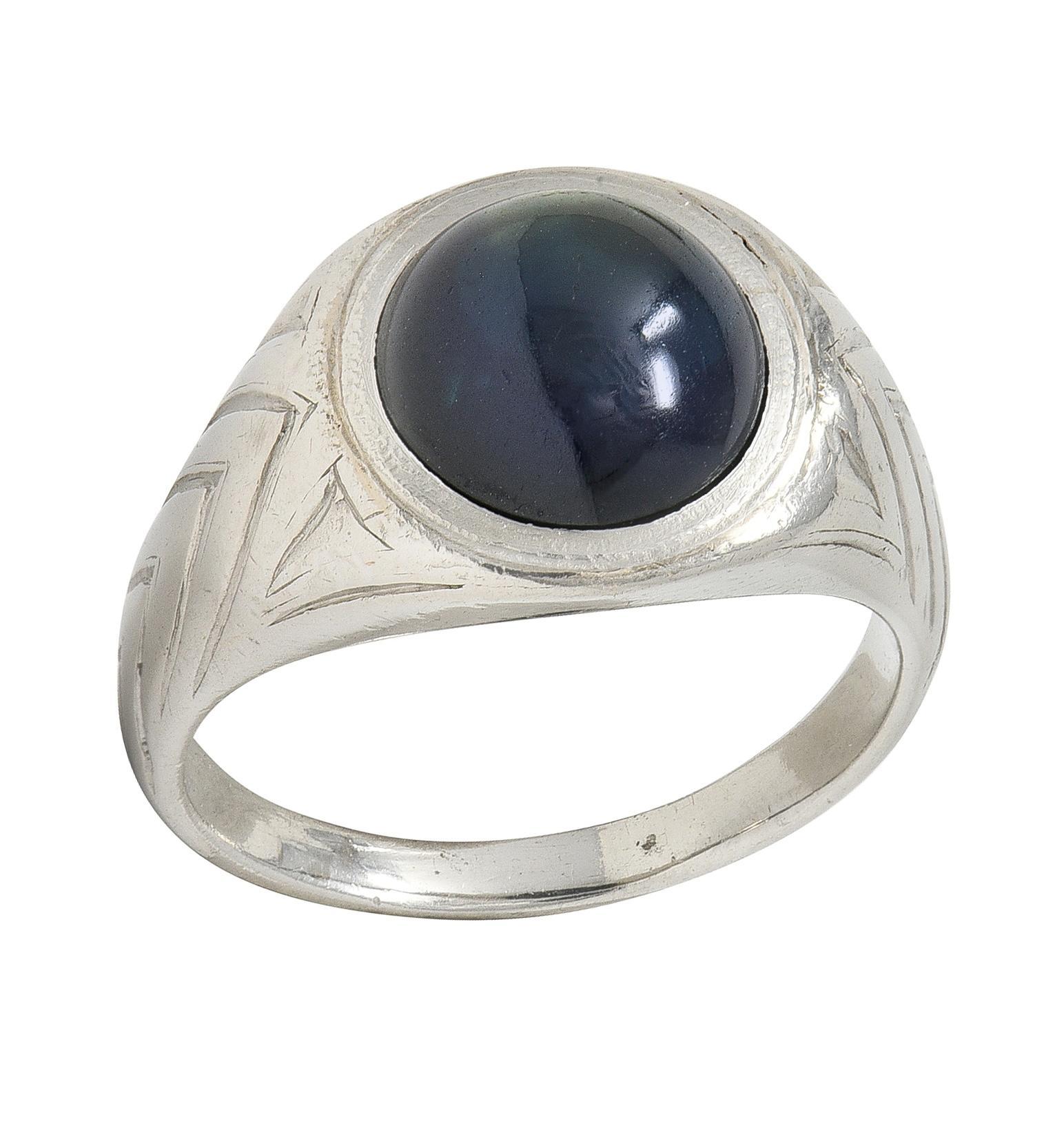 Art of Vintage 4.37 CTW Sapphire Cabochon Platinum Vintage Streamline Unisex Ring Pour femmes en vente