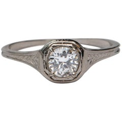 Art Deco .44 Carat Old European Diamond Solitaire Platinum Filigree Ring