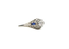 Art Deco Style .44 Carat Old Miner Cut Diamond Ring French Cut Sapphires
