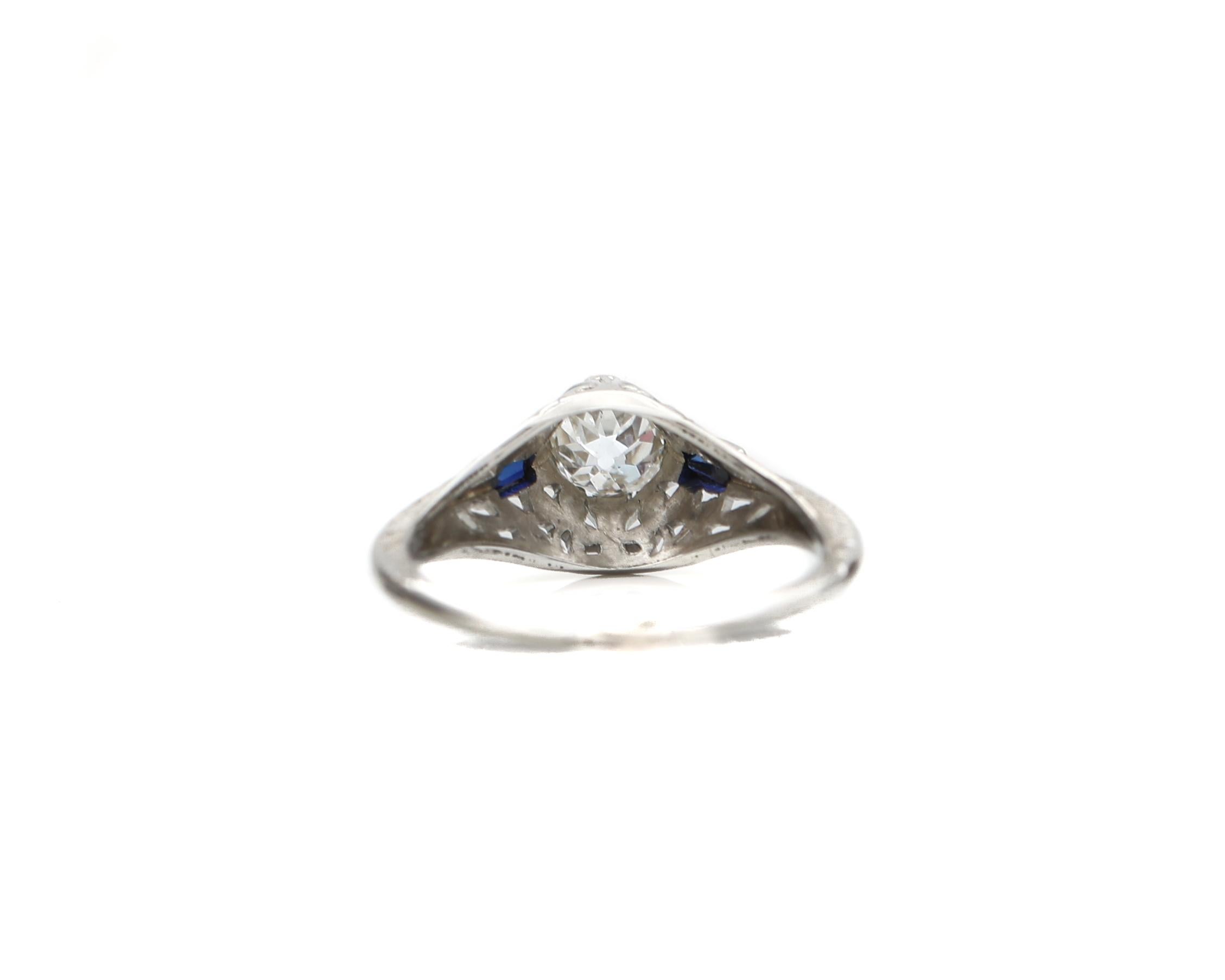 Art Deco Style .44 Carat Old Miner Cut Diamond Ring French Cut Sapphires In Good Condition In Addison, TX