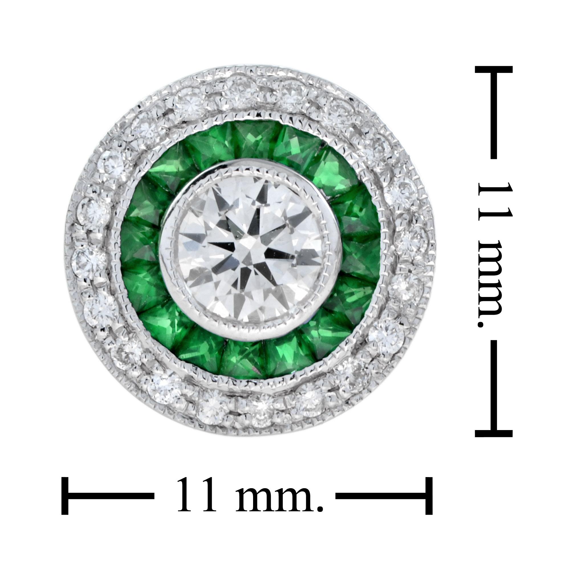 Women's Art Deco 4.4 Round Brilliant Diamond with Emerald Stud Earrings in 18K Gold For Sale