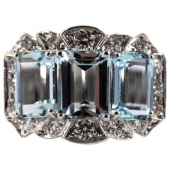 Art Deco Style 4.40 Carat Aquamarine 0.55 Carat Diamond White Gold Cocktail Ring