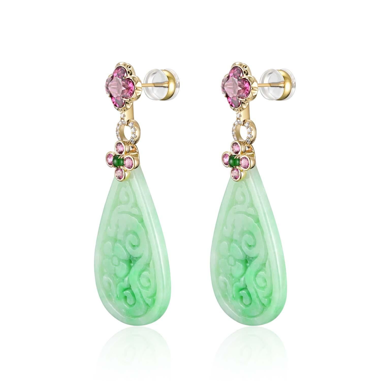 Orecchini Art Deco con giada da 44,04 carati e granato da 4,01 carati e diamanti in oro giallo 14 carati in vendita 2