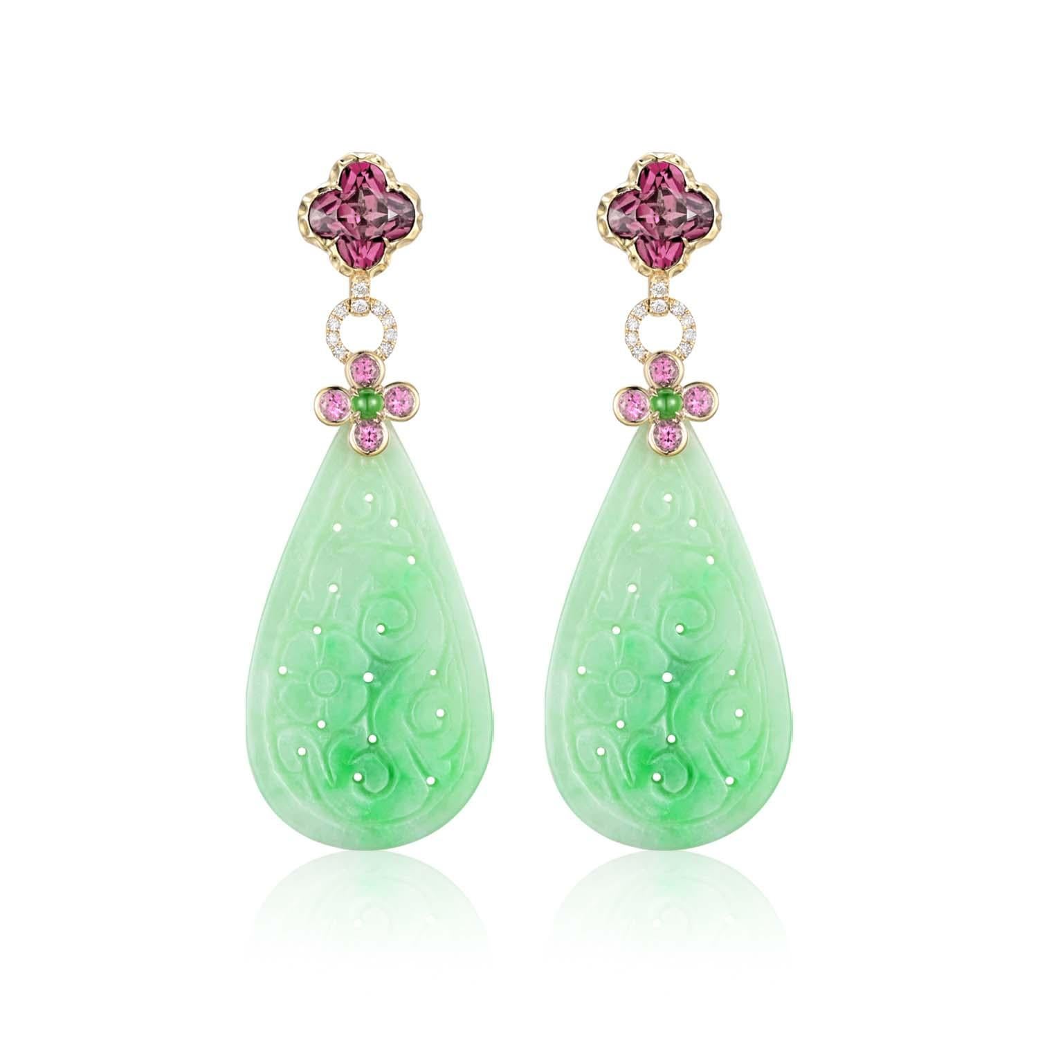 Orecchini Art Deco con giada da 44,04 carati e granato da 4,01 carati e diamanti in oro giallo 14 carati in vendita 3