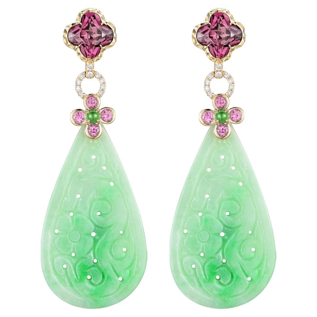 Art Deco 44.04Ct Jade 4.01Ct Garnet Diamond Drop Earrings in 14K Yellow Gold