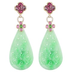 Pendientes Art Decó de Jade de 44,04 qt y Diamantes de Granate de 4,01 qt en Oro Amarillo de 14 quilates