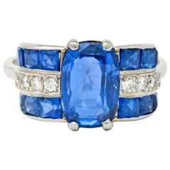 Art Deco 4.41 Carat No Heat Burma Sapphire Diamond Platinum Band Ring GIA