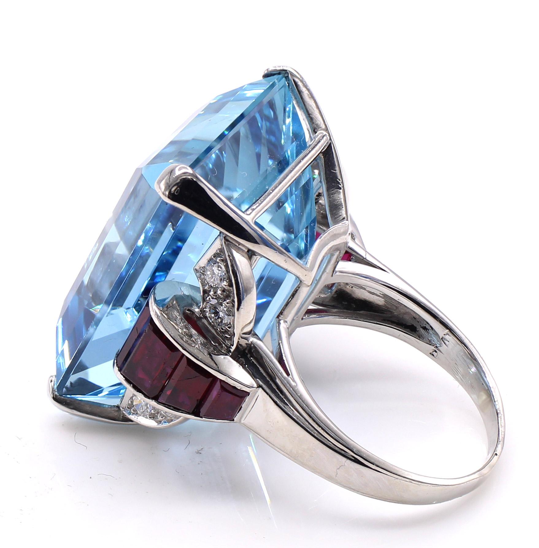 Emerald Cut Art Deco 44.28 Carat Gem Aquamarine Ruby Diamond Platinum Ring For Sale