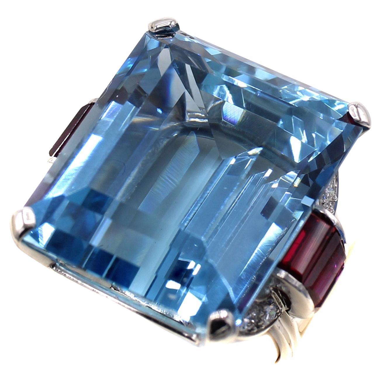 Art Deco 44.28 Carat Gem Aquamarine Ruby Diamond Platinum Ring For Sale