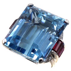 Art Deco 44.28 Carat Gem Aquamarine Ruby Diamond Platinum Ring