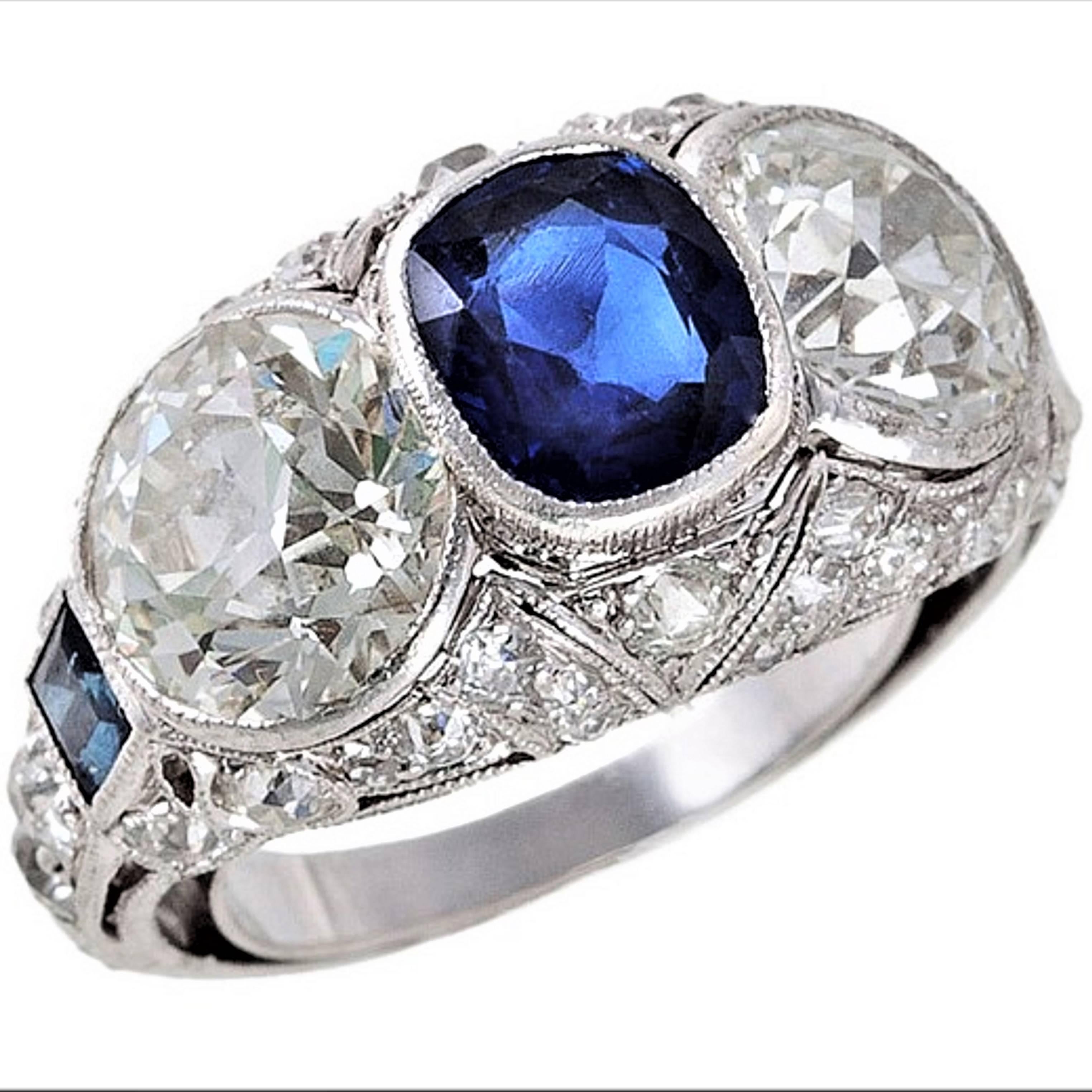 Art Deco 4.45 Carat Diamond, 1.45 Carat Sapphie & Platinum Ring