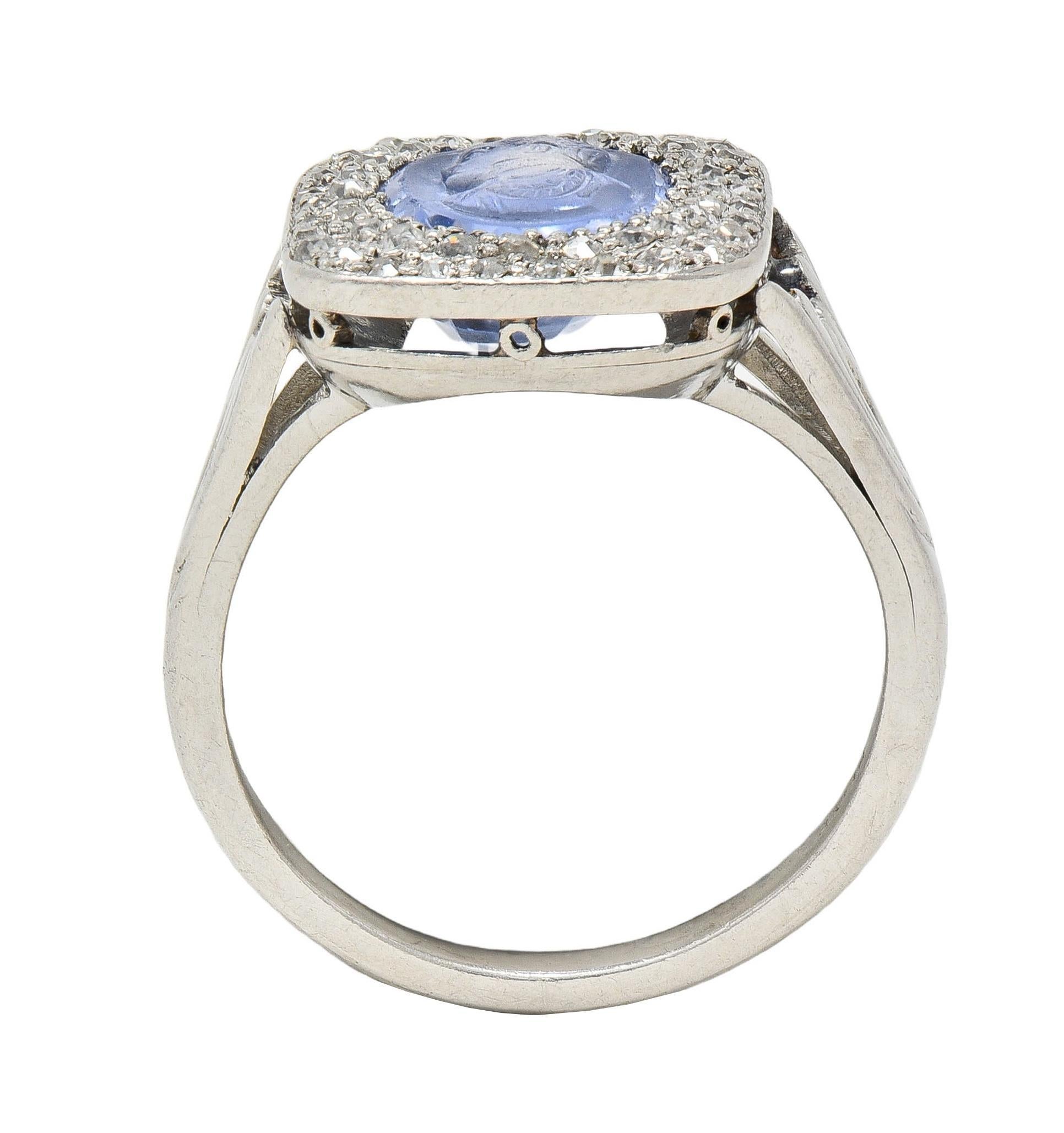 Art Deco 4.45 CTW Sapphire Diamond Platinum Antique Carved Napoleon Cameo Ring For Sale 5