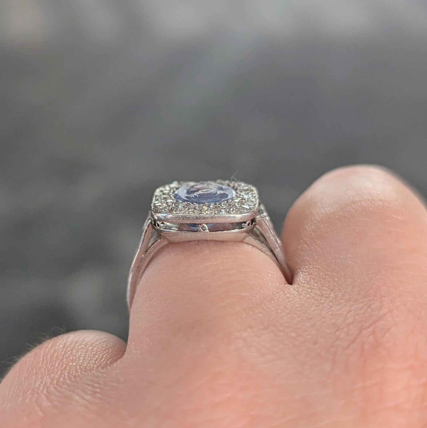 Art Deco 4.45 CTW Sapphire Diamond Platinum Antique Carved Napoleon Cameo Ring For Sale 8