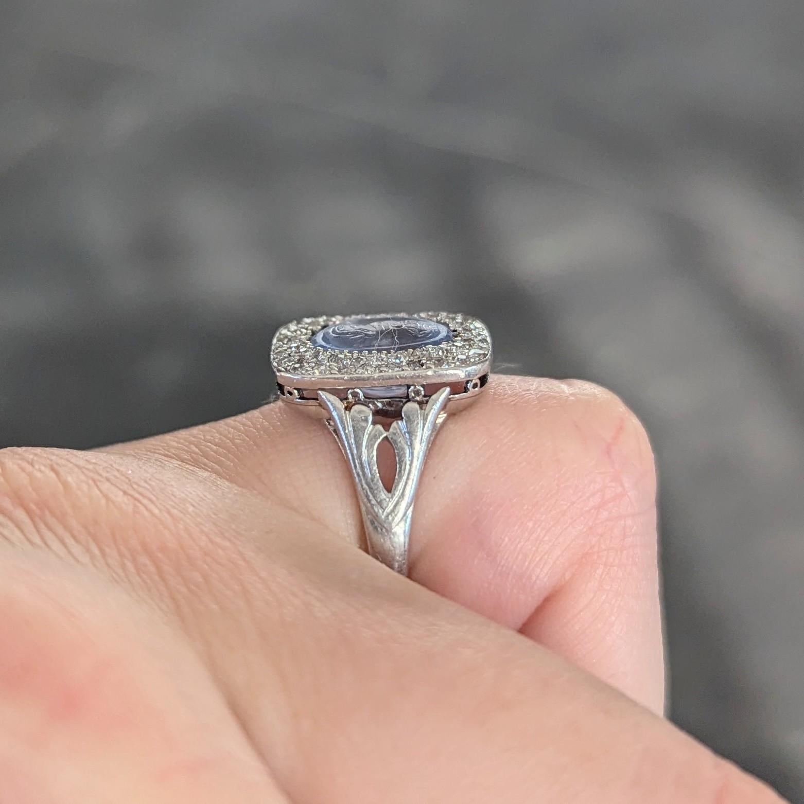 Art Deco 4.45 CTW Sapphire Diamond Platinum Antique Carved Napoleon Cameo Ring For Sale 9