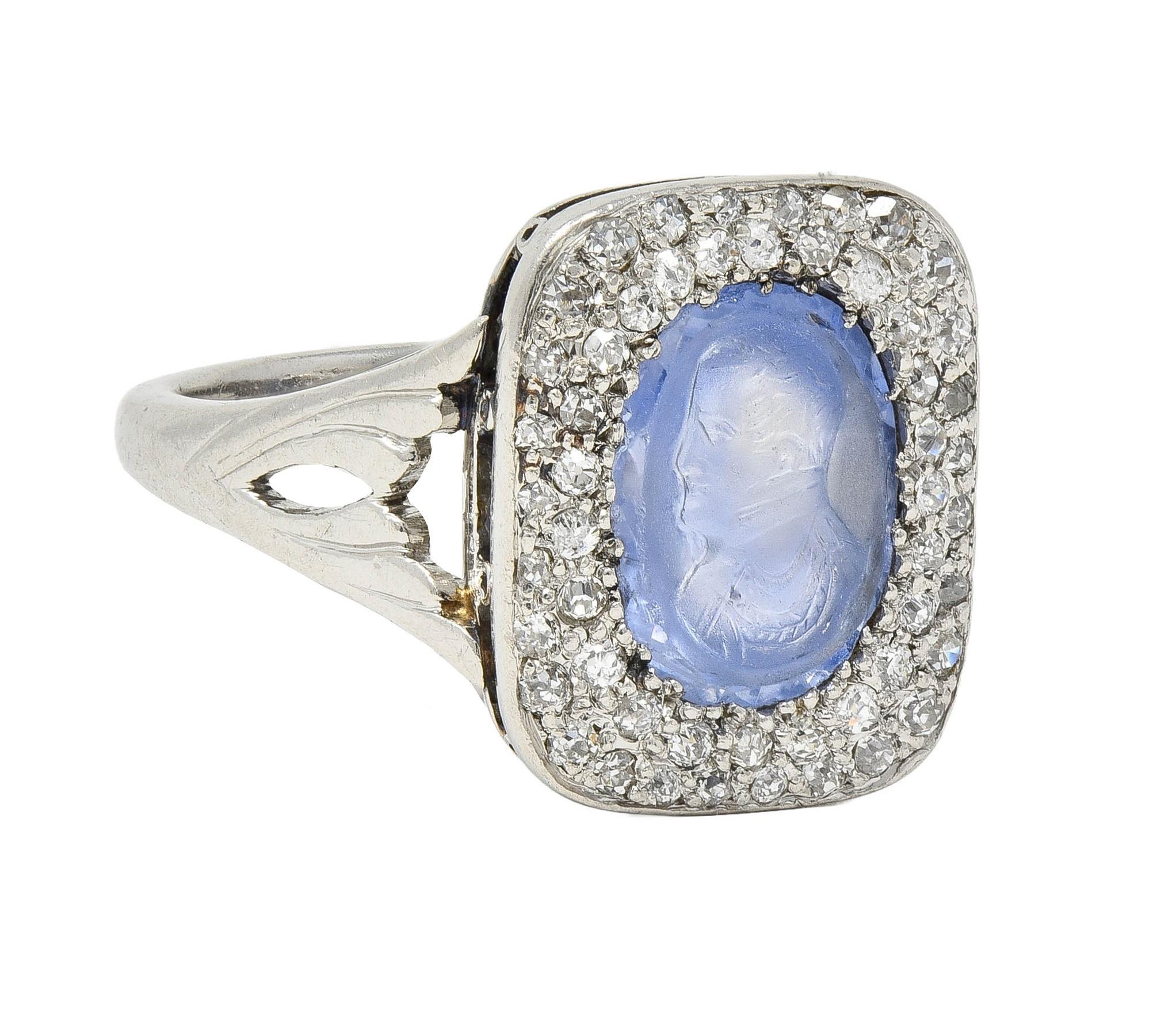 Art Deco 4.45 CTW Sapphire Diamond Platinum Antique Carved Napoleon Cameo Ring In Excellent Condition For Sale In Philadelphia, PA