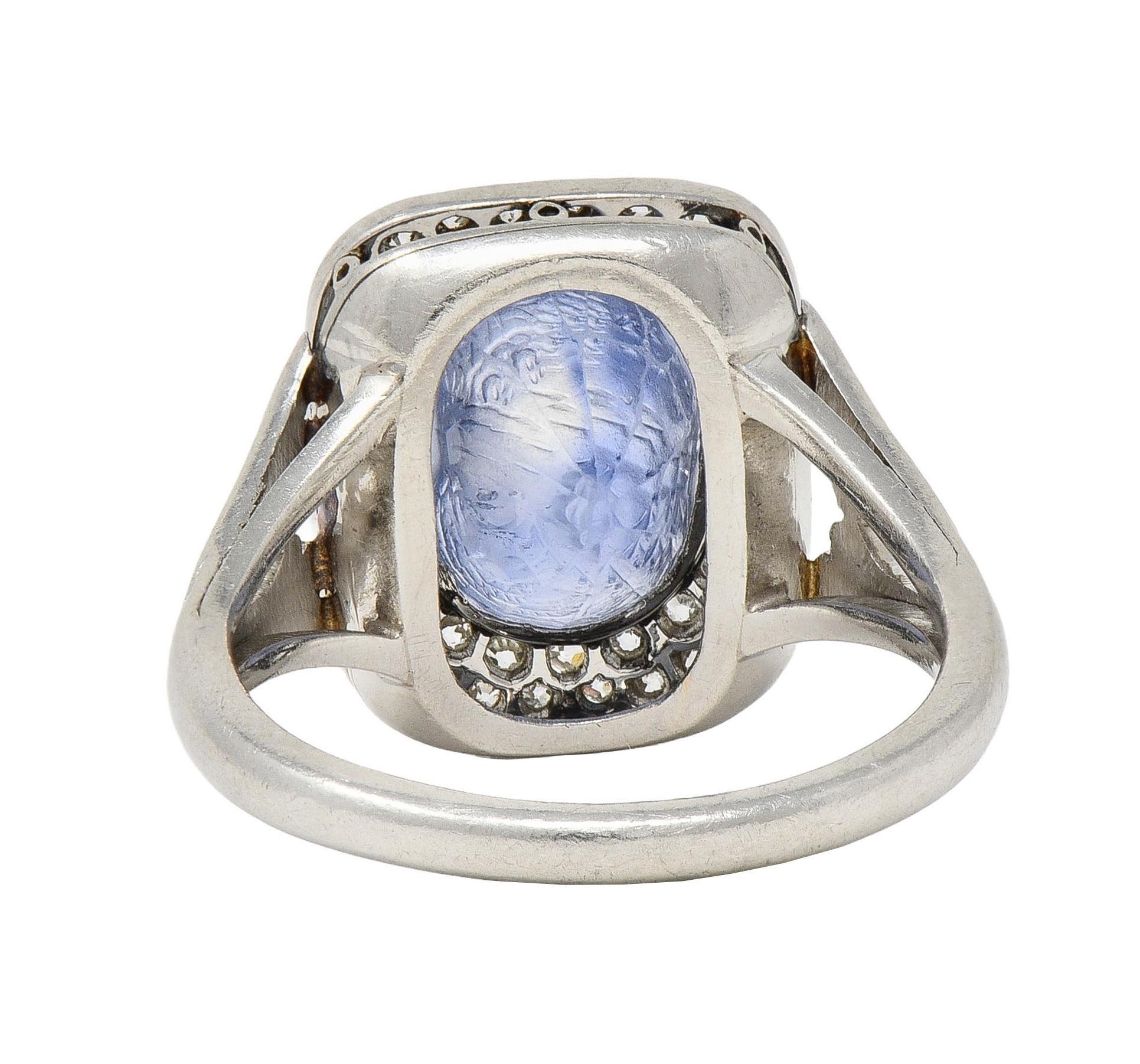 Art Deco 4.45 CTW Sapphire Diamond Platinum Antique Carved Napoleon Cameo Ring For Sale 1