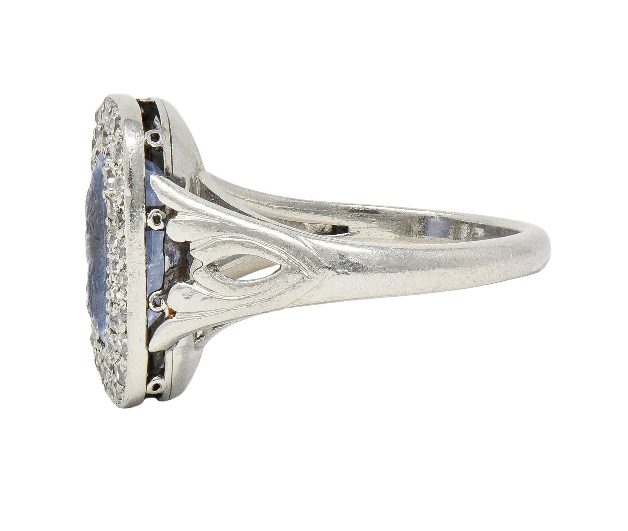 Art Deco 4.45 CTW Sapphire Diamond Platinum Antique Carved Napoleon Cameo Ring For Sale 2