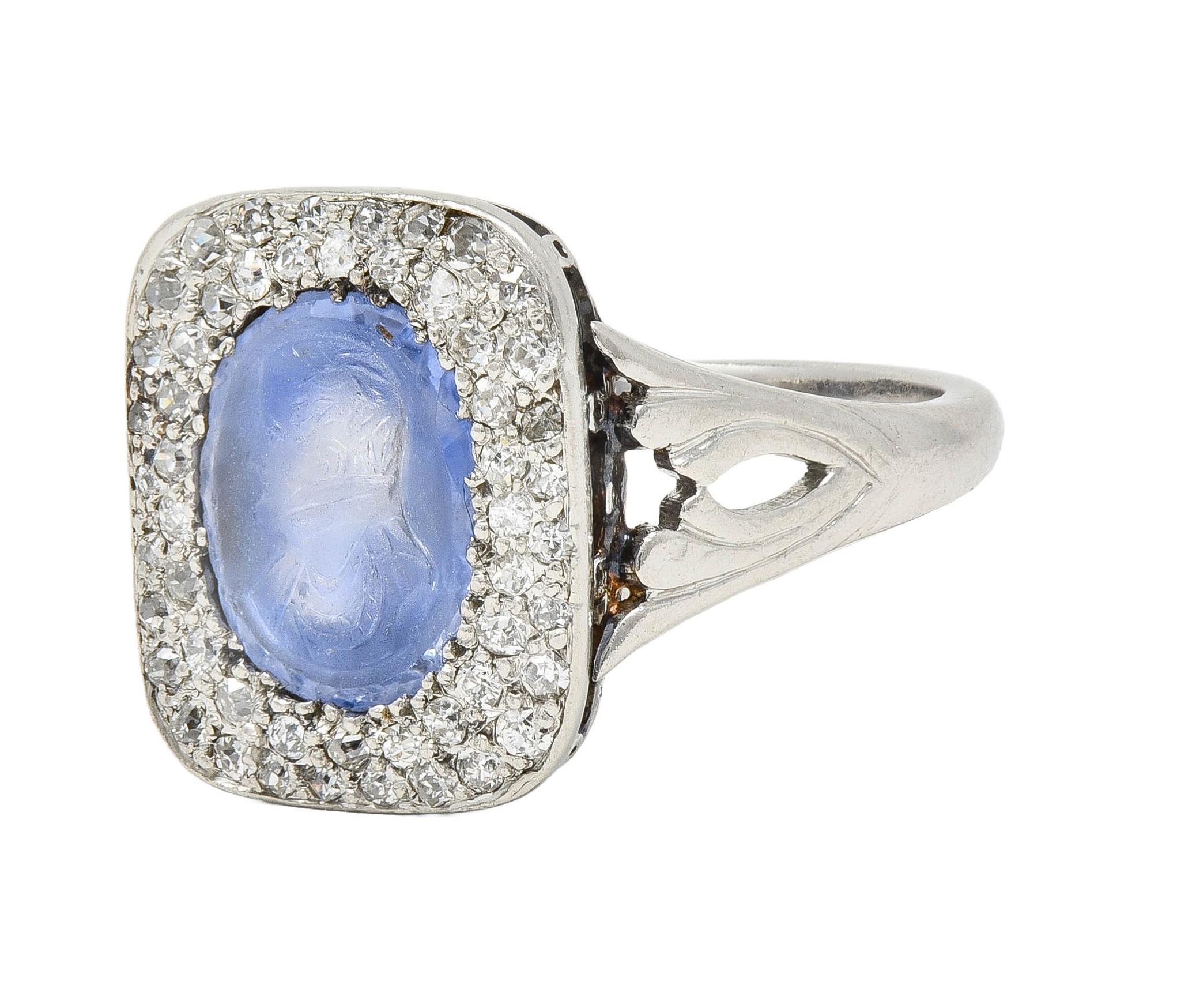 Art Deco 4.45 CTW Sapphire Diamond Platinum Antique Carved Napoleon Cameo Ring For Sale 3