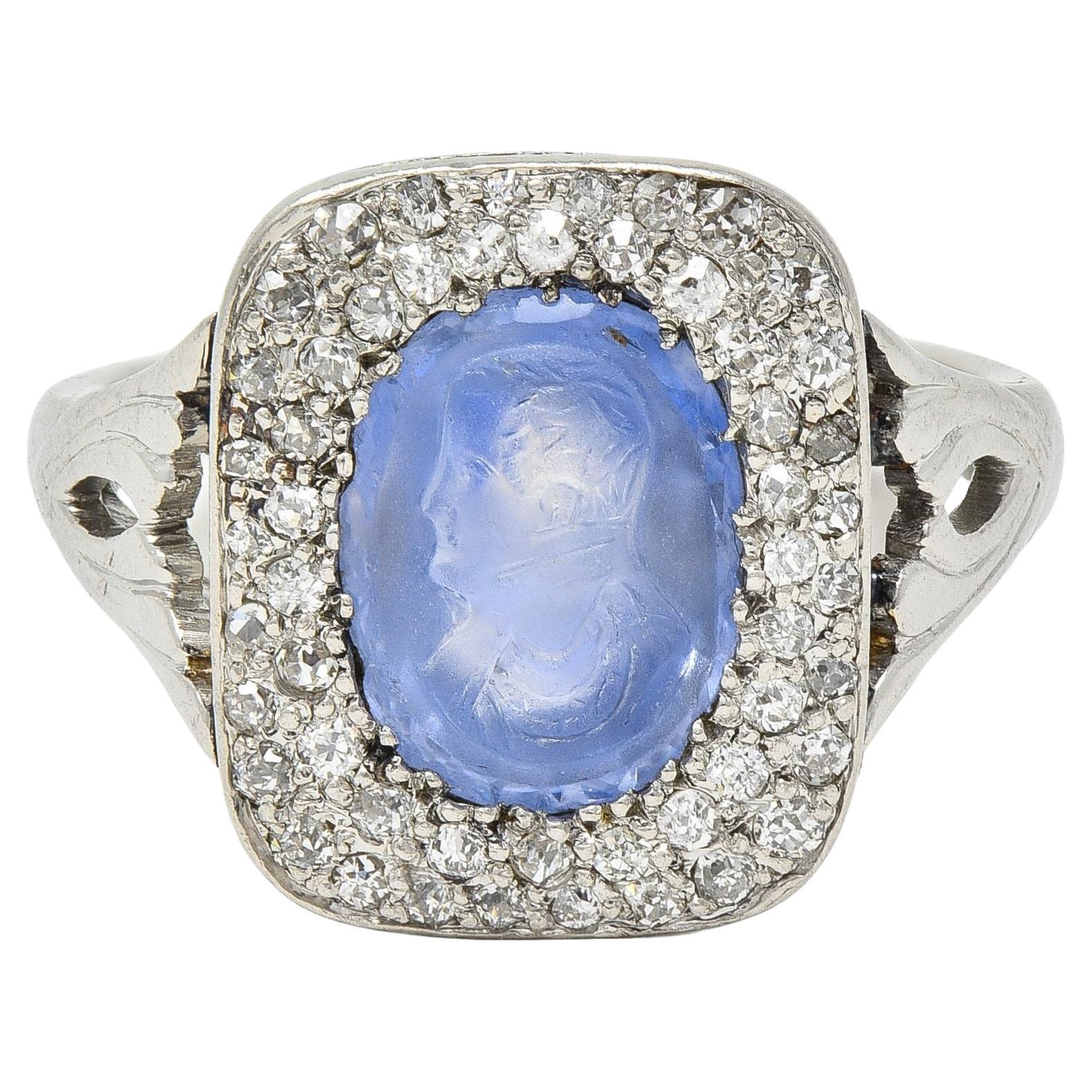 Art Deco 4.45 CTW Sapphire Diamond Platinum Antique Carved Napoleon Cameo Ring For Sale