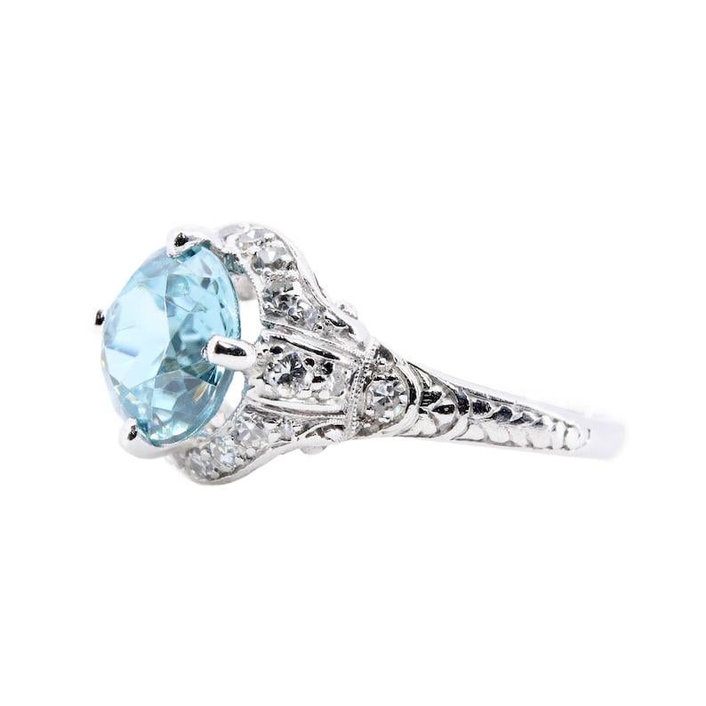 Round Cut Art Deco 4.49ctw Blue Zircon and Diamond Cocktail Ring in Platinum For Sale