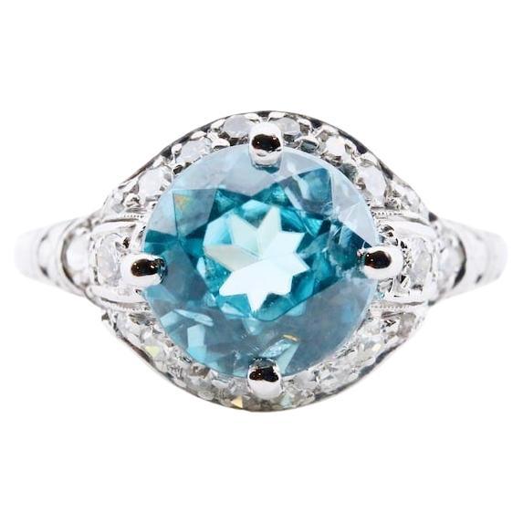 Art Deco 4.49ctw Blue Zircon and Diamond Cocktail Ring in Platinum For Sale