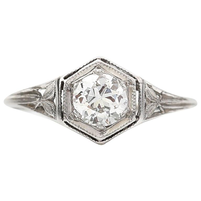 Art Deco .45 Carat Old European Cut Diamond Platinum Engagement Ring