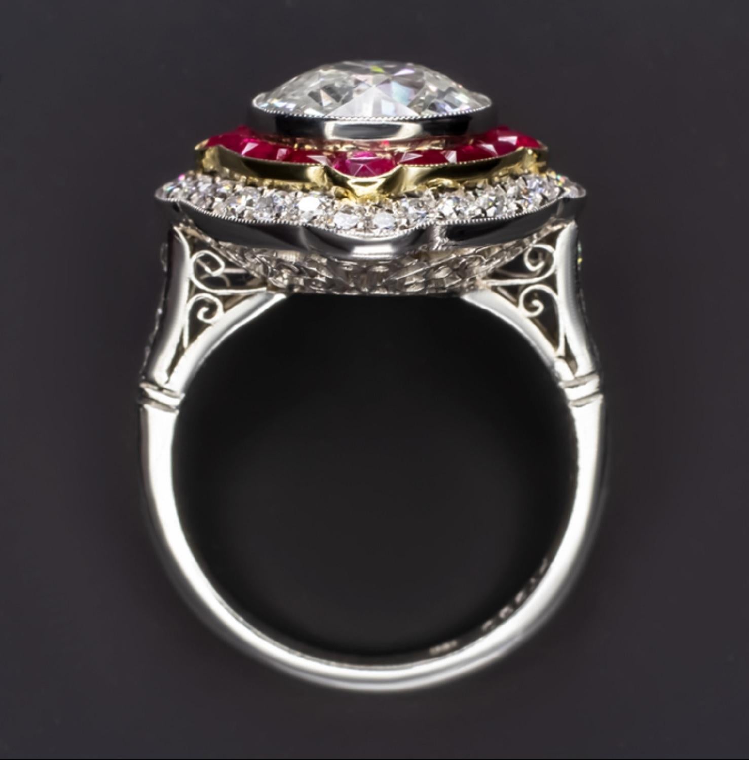 Old European Cut EGL Certified Authentic Art Deco 4 Carat Old Diamond Rubies Cocktail Ring