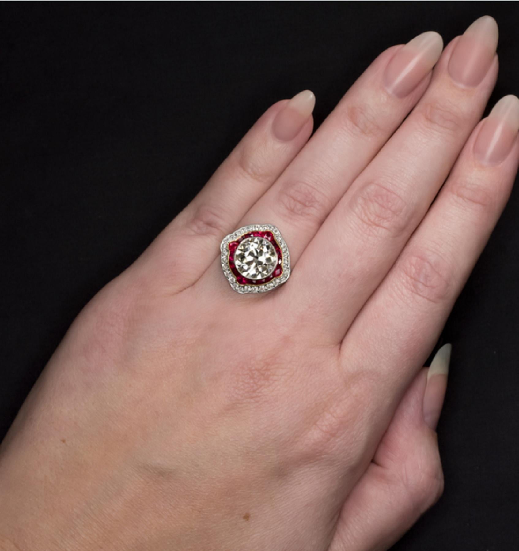 EGL Certified Authentic Art Deco 4 Carat Old Diamond Rubies Cocktail Ring In Excellent Condition In Rome, IT