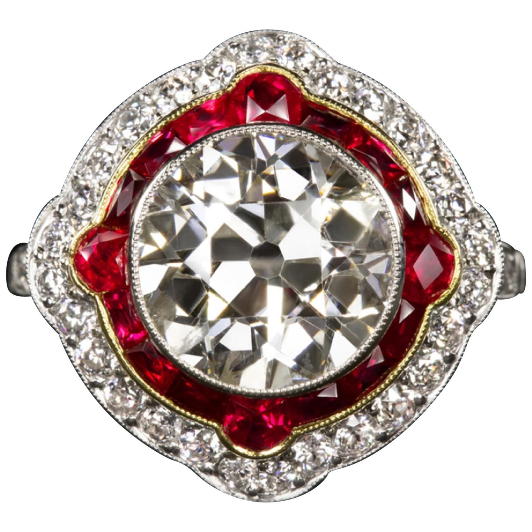 EGL Certified Authentic Art Deco 4 Carat Old Diamond Rubies Cocktail Ring