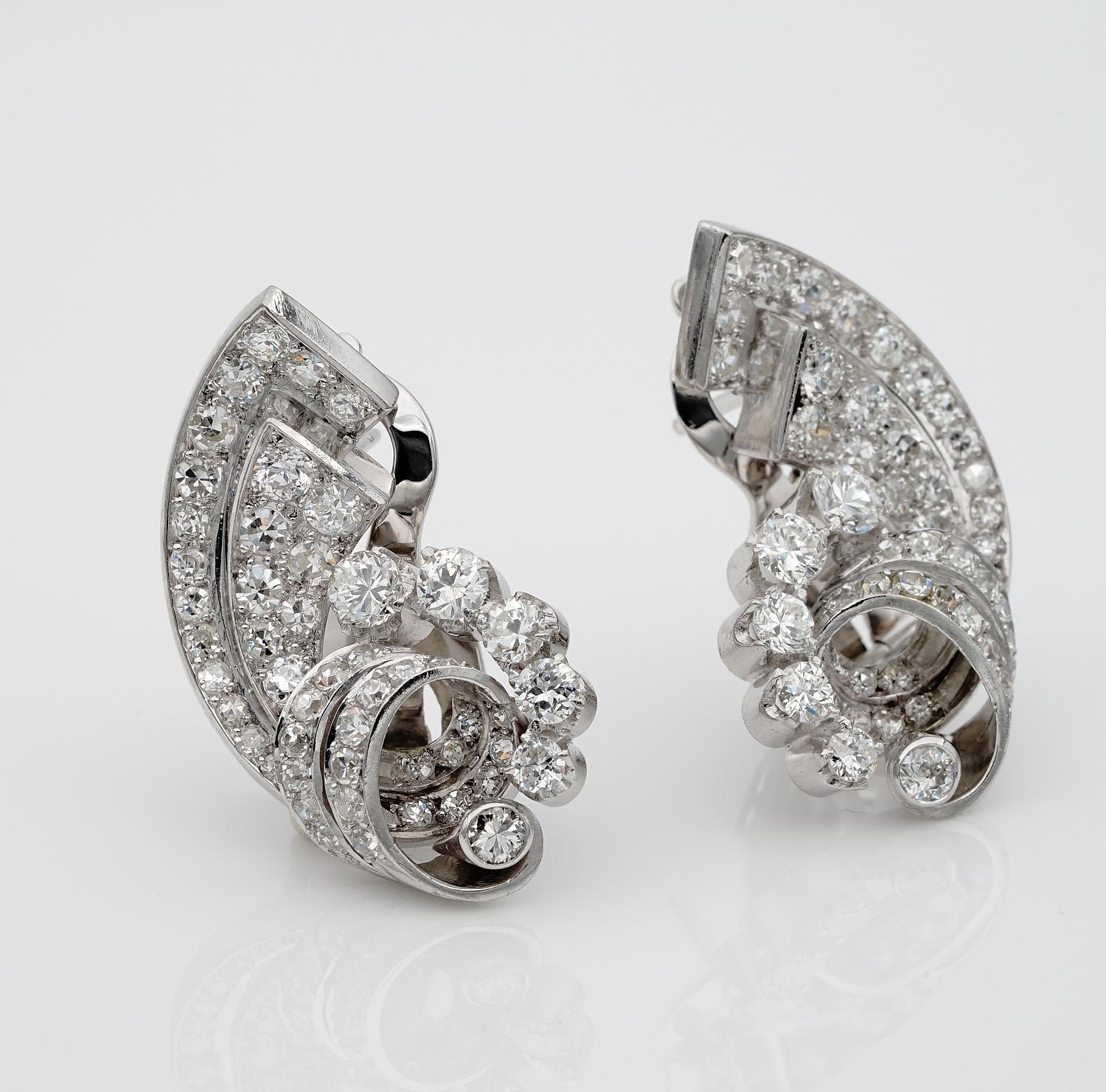 Mixed Cut Art Deco 4.50 Carat Diamond Cornucopia Platinum Earrings For Sale