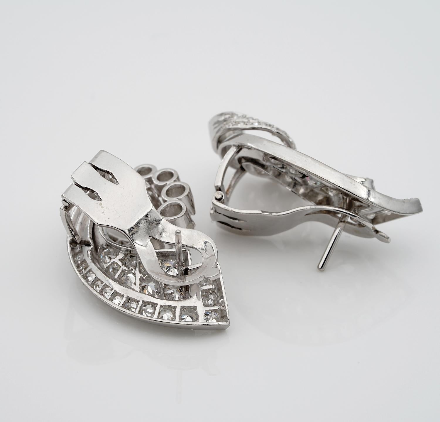 Women's Art Deco 4.50 Ct Diamond Cornucopia Platinum Earrings For Sale