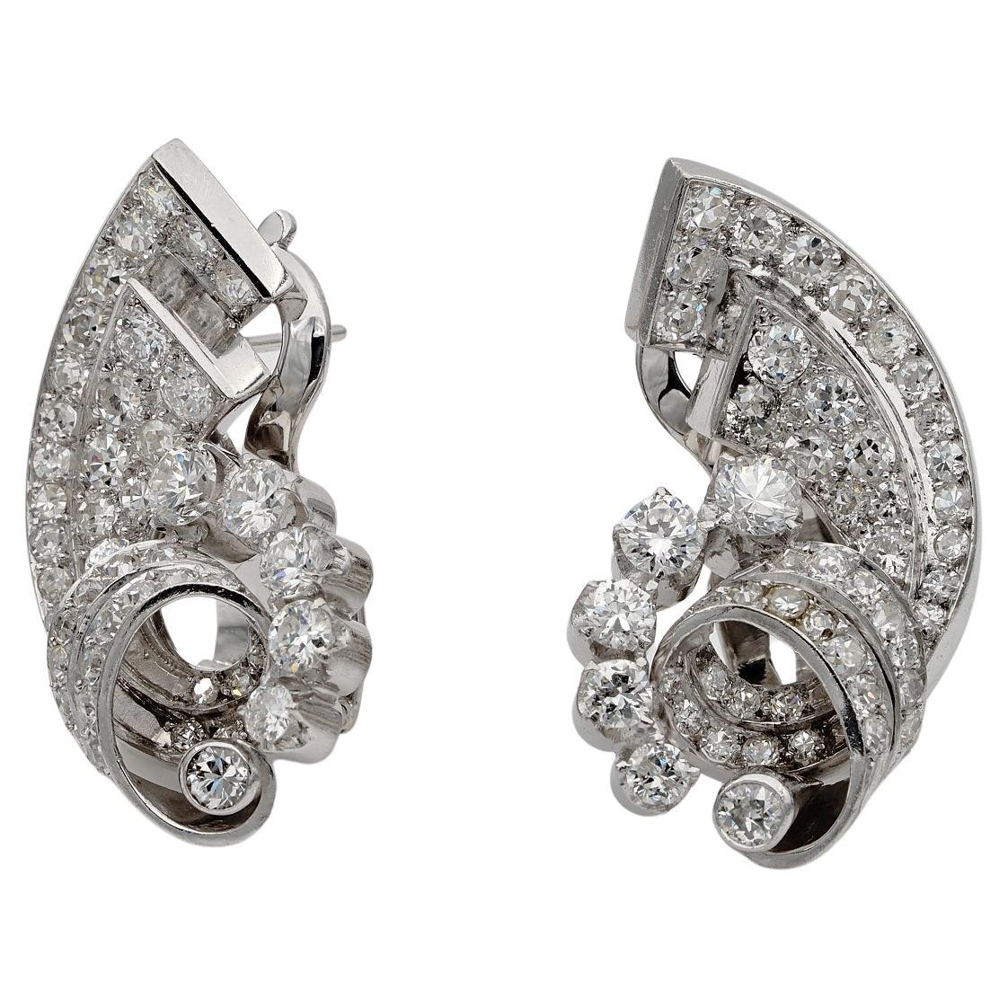 Art Deco 4.50 Ct Diamond Cornucopia Platinum Earrings For Sale