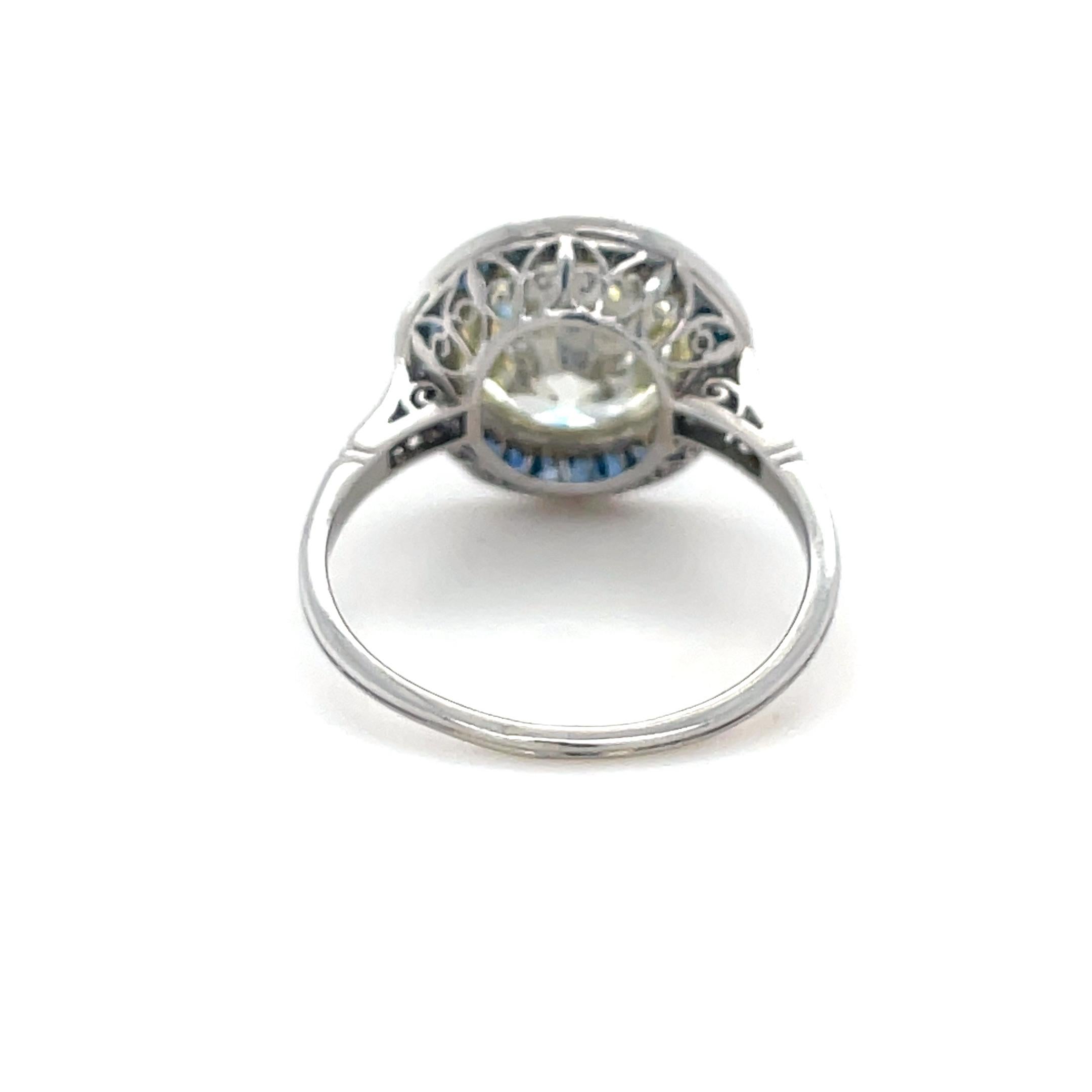 Art Deco, 4.53 Carat Old European Cut Diamond and Sapphire Engagement Ring In Excellent Condition For Sale In Chicago, IL