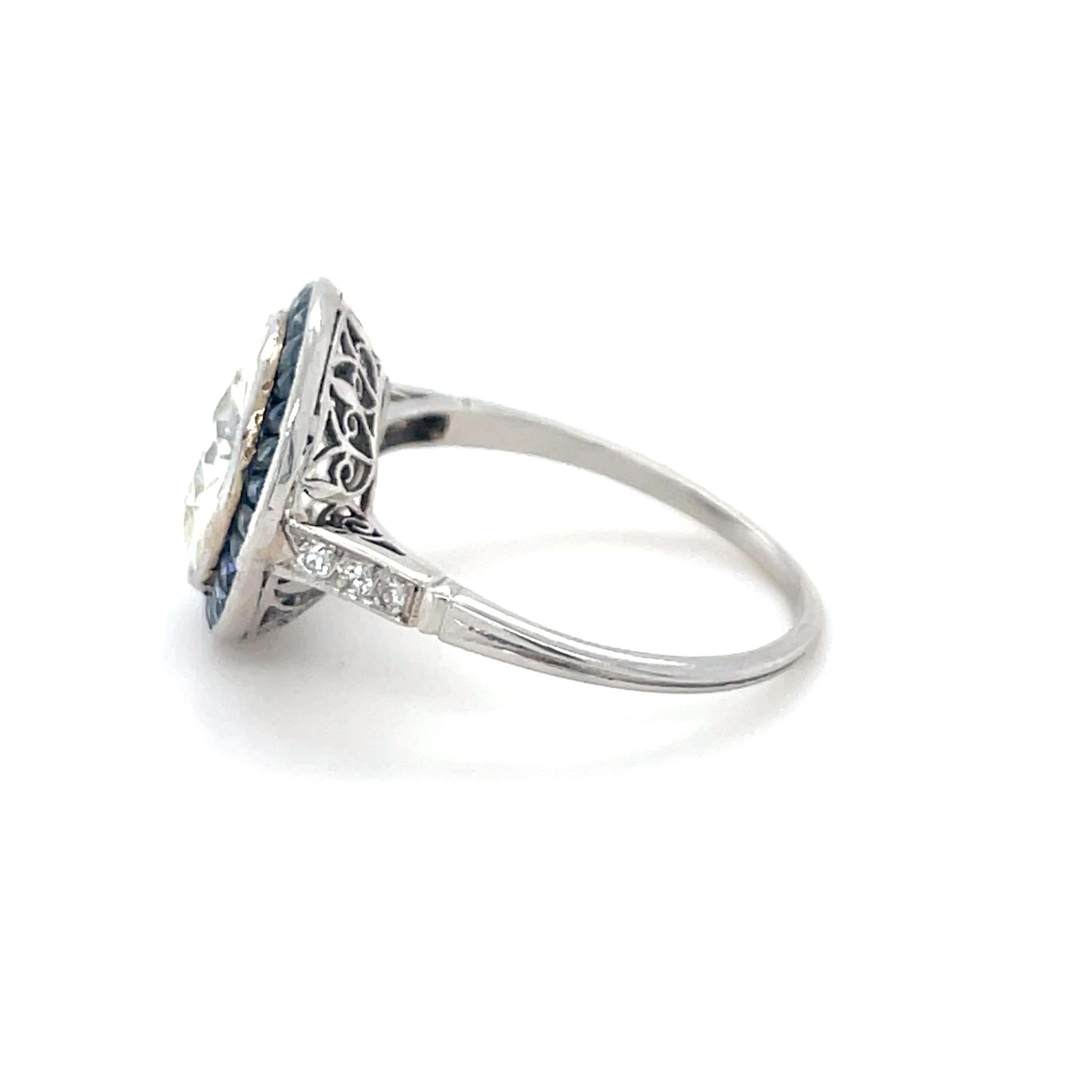Women's Art Deco, 4.53 Carat Old European Cut Diamond and Sapphire Engagement Ring For Sale