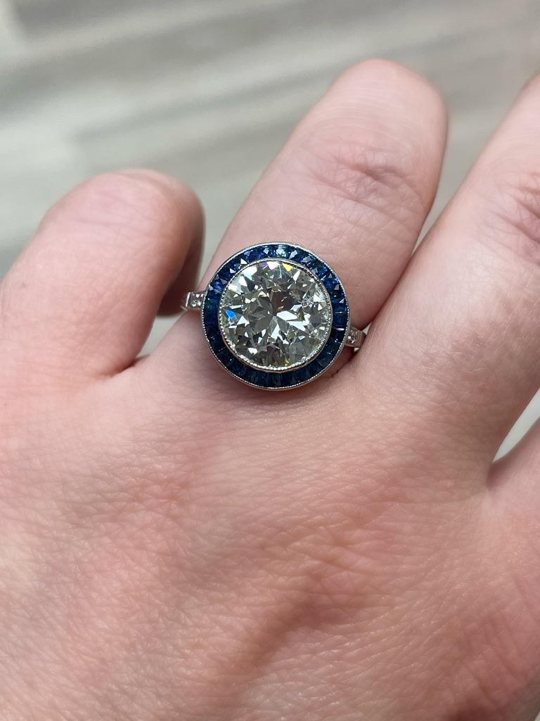 Art Deco, 4.53 Carat Old European Cut Diamond and Sapphire Engagement Ring For Sale 1