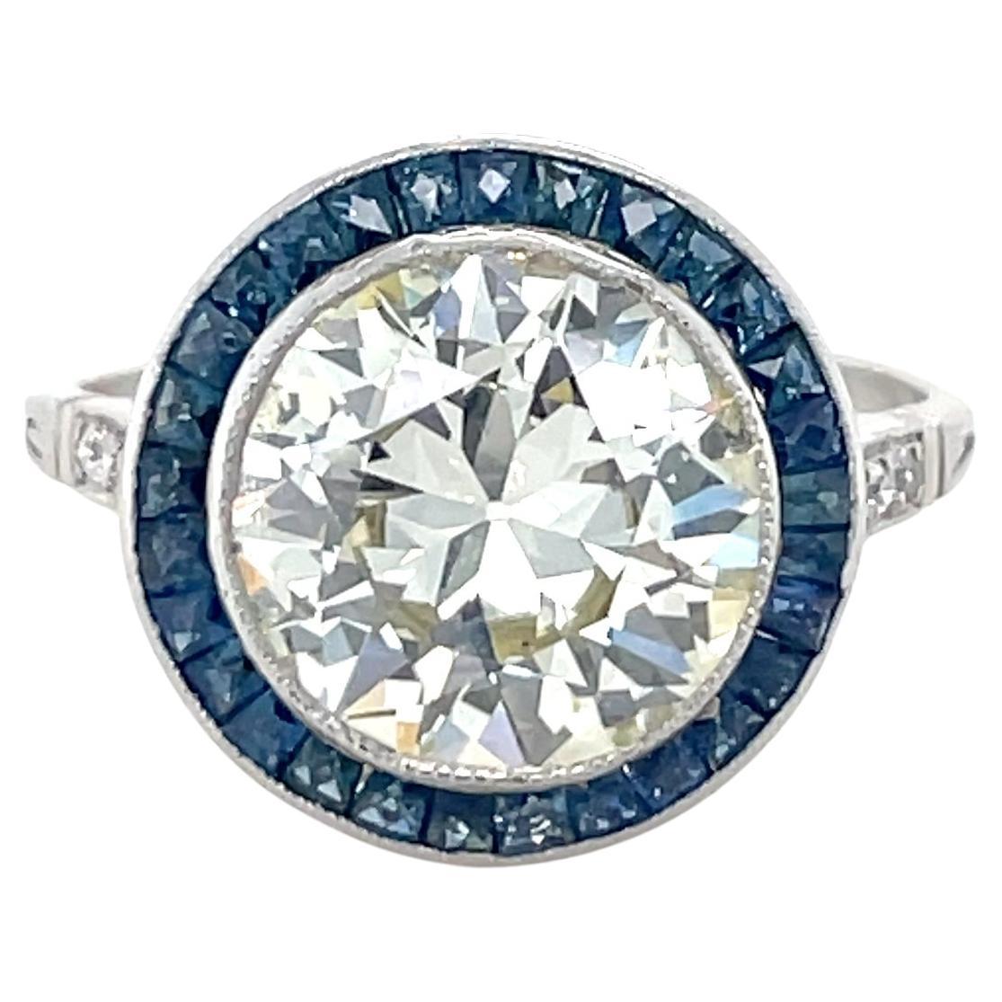 Art Deco, 4.53 Carat Old European Cut Diamond and Sapphire Engagement Ring