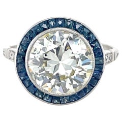 Antique Art Deco, 4.53 Carat Old European Cut Diamond and Sapphire Engagement Ring
